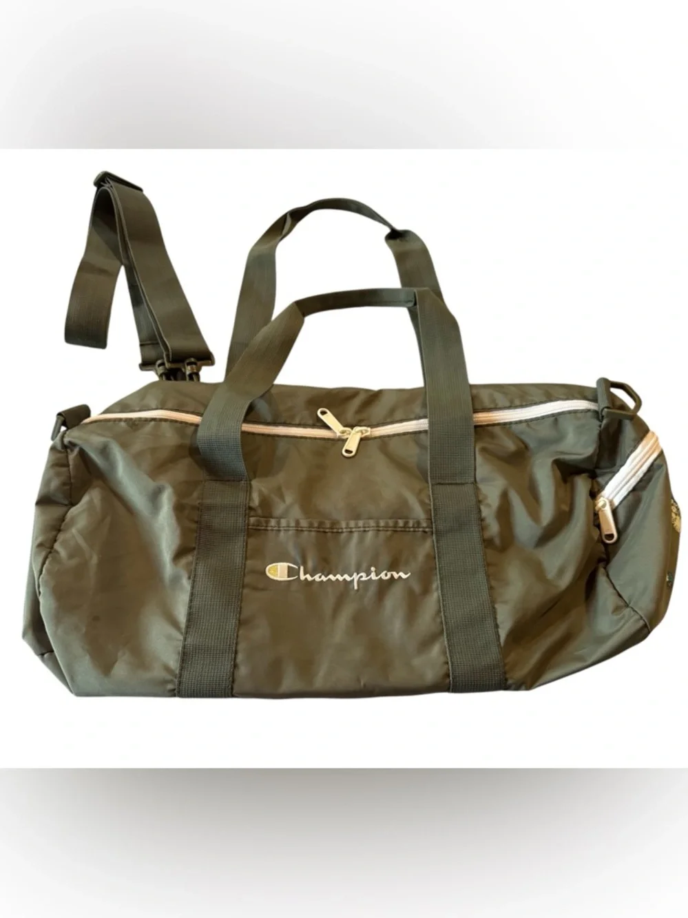 Champion Olive Green Duffel Gym Bag Floral Logo Travel Weekender - Picture 2 of 10